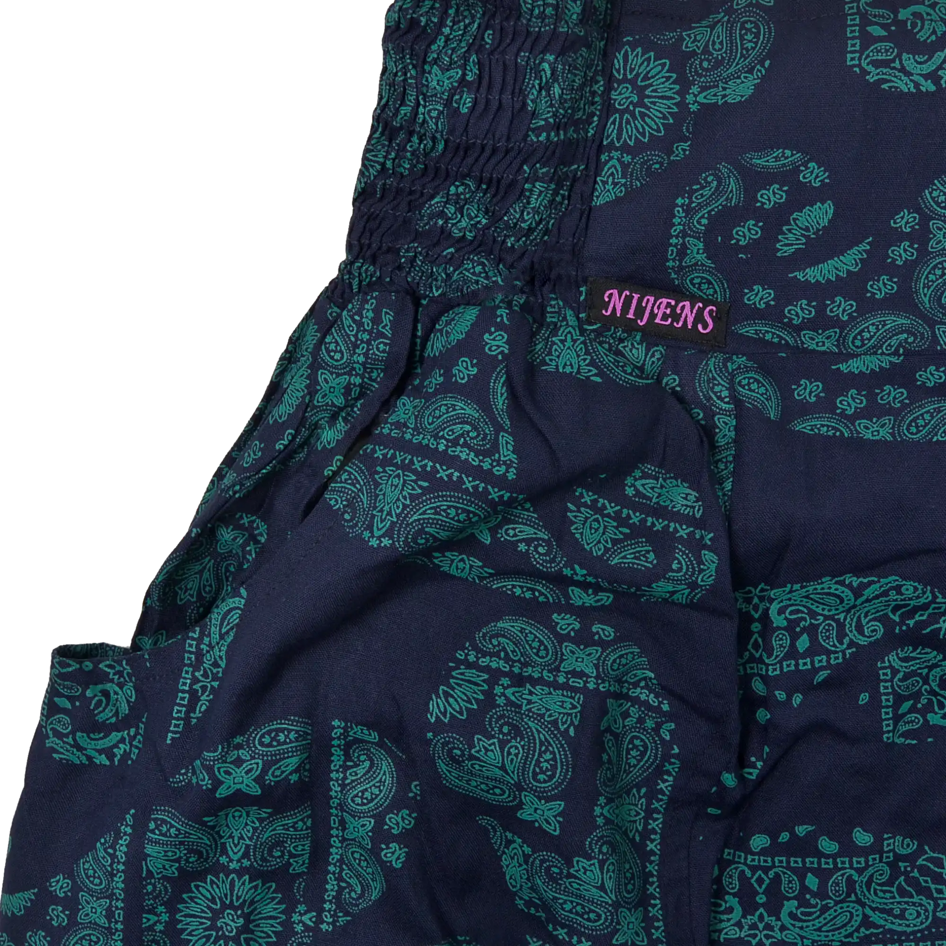 Ausschnitt einer Eingrifftasche vom Sommerrock, Maxirock aus Viskose, dunkelblau mit grünem Paisley. Elastischer Schlupfbund.