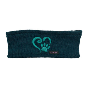 Stirnband aus Schurwolle in Petrol mit Herz- und Pfotestickerei Türkis.