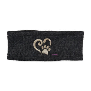 Stirnband aus Schurwolle in Dunkelgrau mit Herz- und Pfotestickerei Silverbraun.