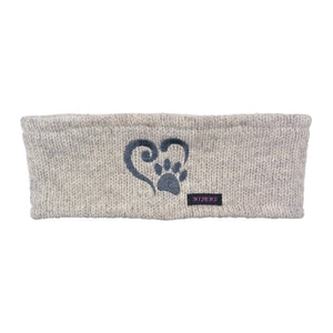 Stirnband aus Schurwolle in Weiß mit Herz- und Pfotestickerei Silvergrau.