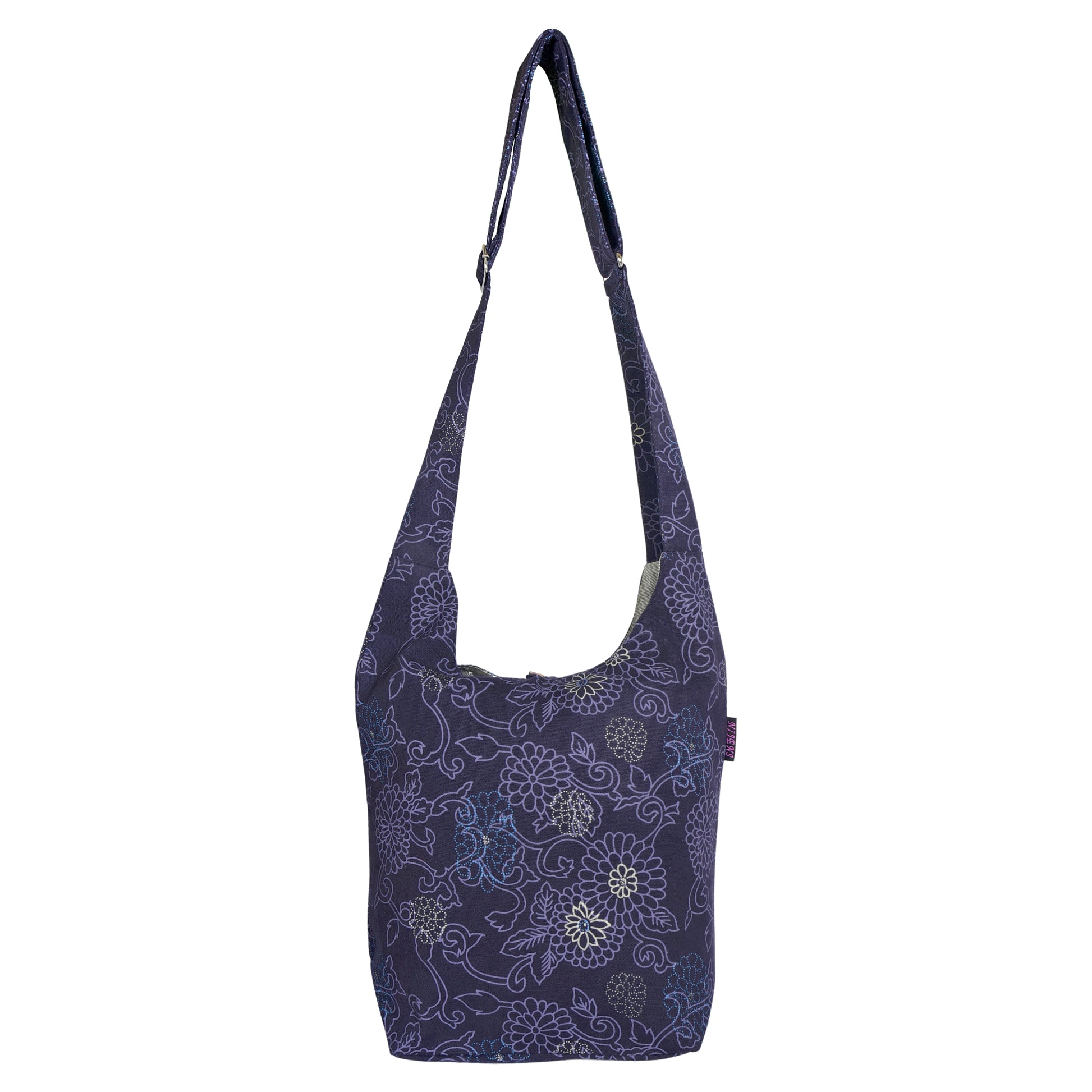 Rückansicht des Nijens Small Shoppers in Lila mit floralem Ethno-Muster und verstellbarem Schultergurt