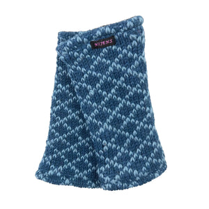 Blaue Pulswärmer, Handstulpen aus Schurwolle mit Karostrickmuster.