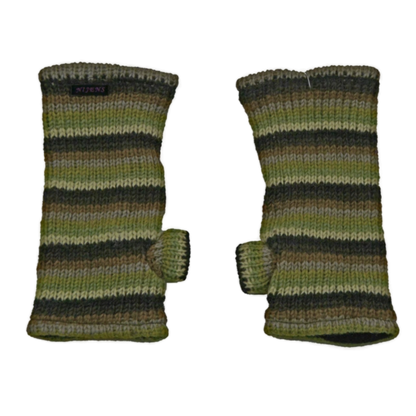 Armstulpen, Pulswärmer aus Schurwolle, gestreift in Grüntönen mit Daumen und Innenfutter aus Fleece. 