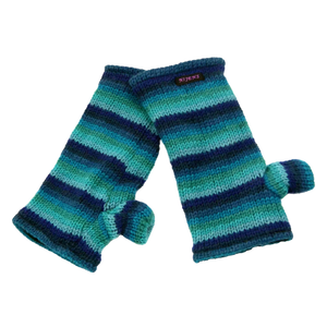 Armstulpen, Pulswärmer aus Schurwolle, gestreift in Blau-Türkistönen mit Daumen und Innenfutter aus Fleece.