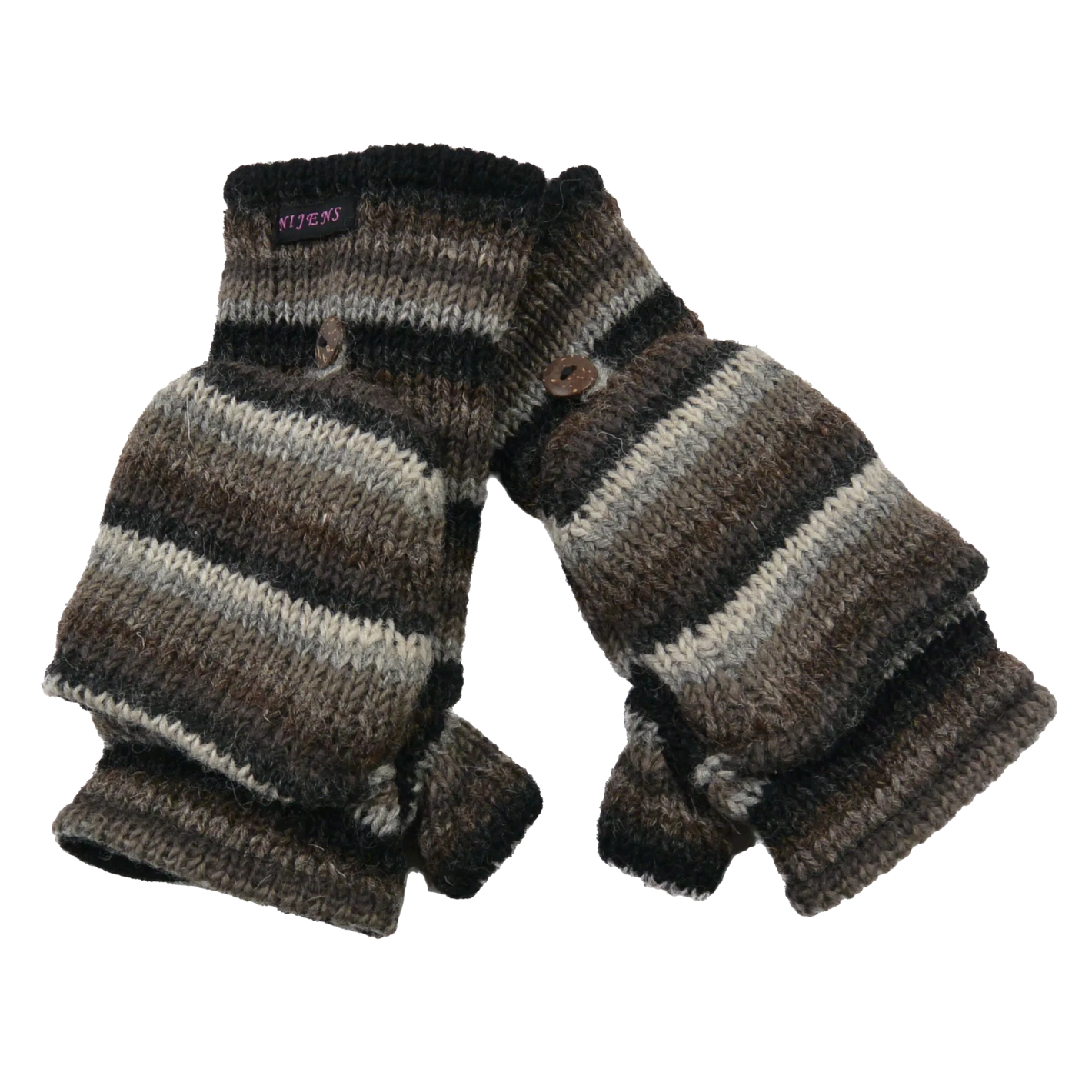 Fingerfreie Handschuhe aus Wolle Braun, Grau gestreift, welche sich mit einer Fingerkappe zu Fäustlingen umwandeln lassen.