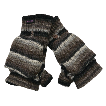 Fingerfreie Handschuhe aus Wolle Braun, Grau gestreift, welche sich mit einer Fingerkappe zu Fäustlingen umwandeln lassen.