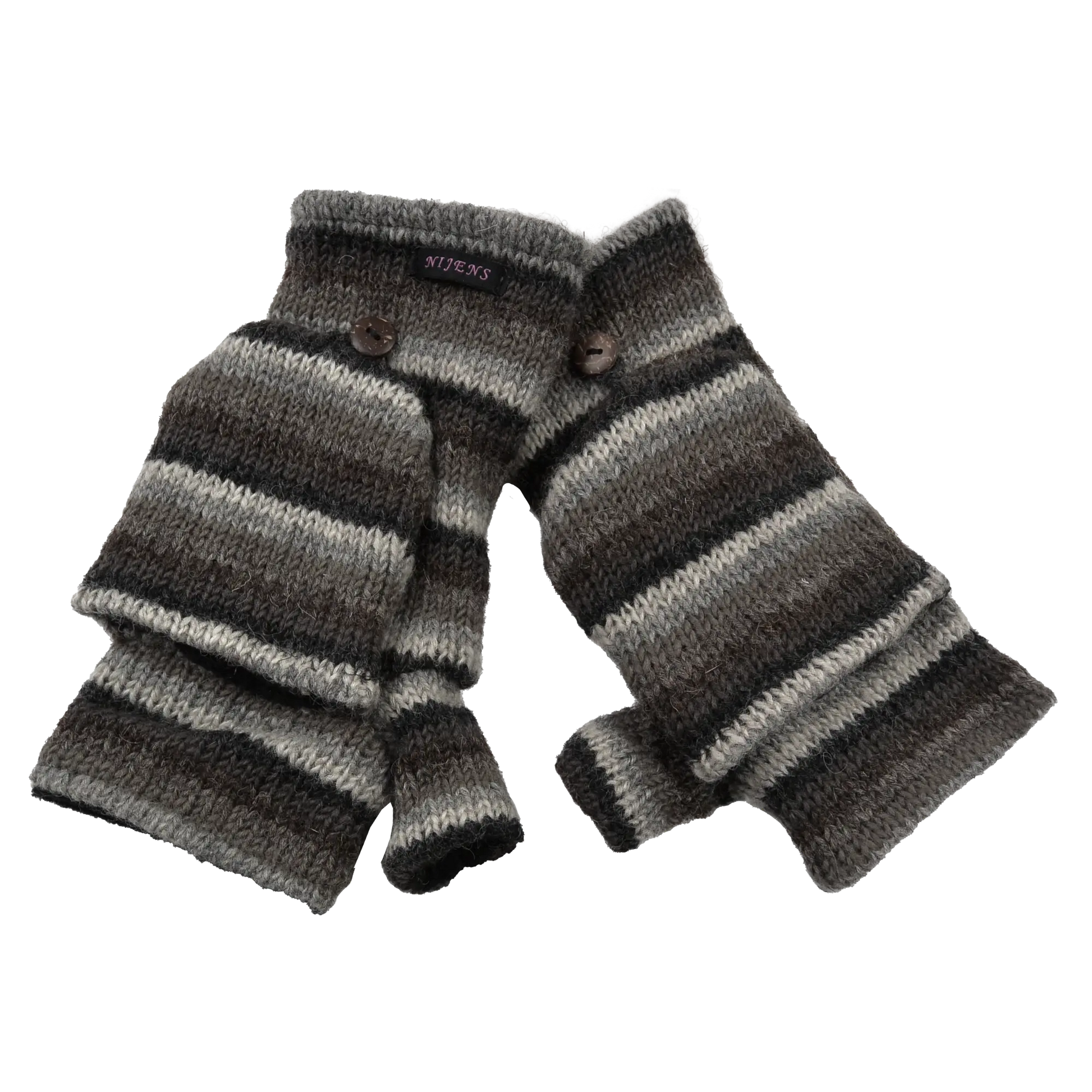 Fingerfreie Handschuhe aus Wolle gestreift in Braun, Grautöne, welche sich mit einer Fingerkappe zu Fäustlingen umwandeln lassen.