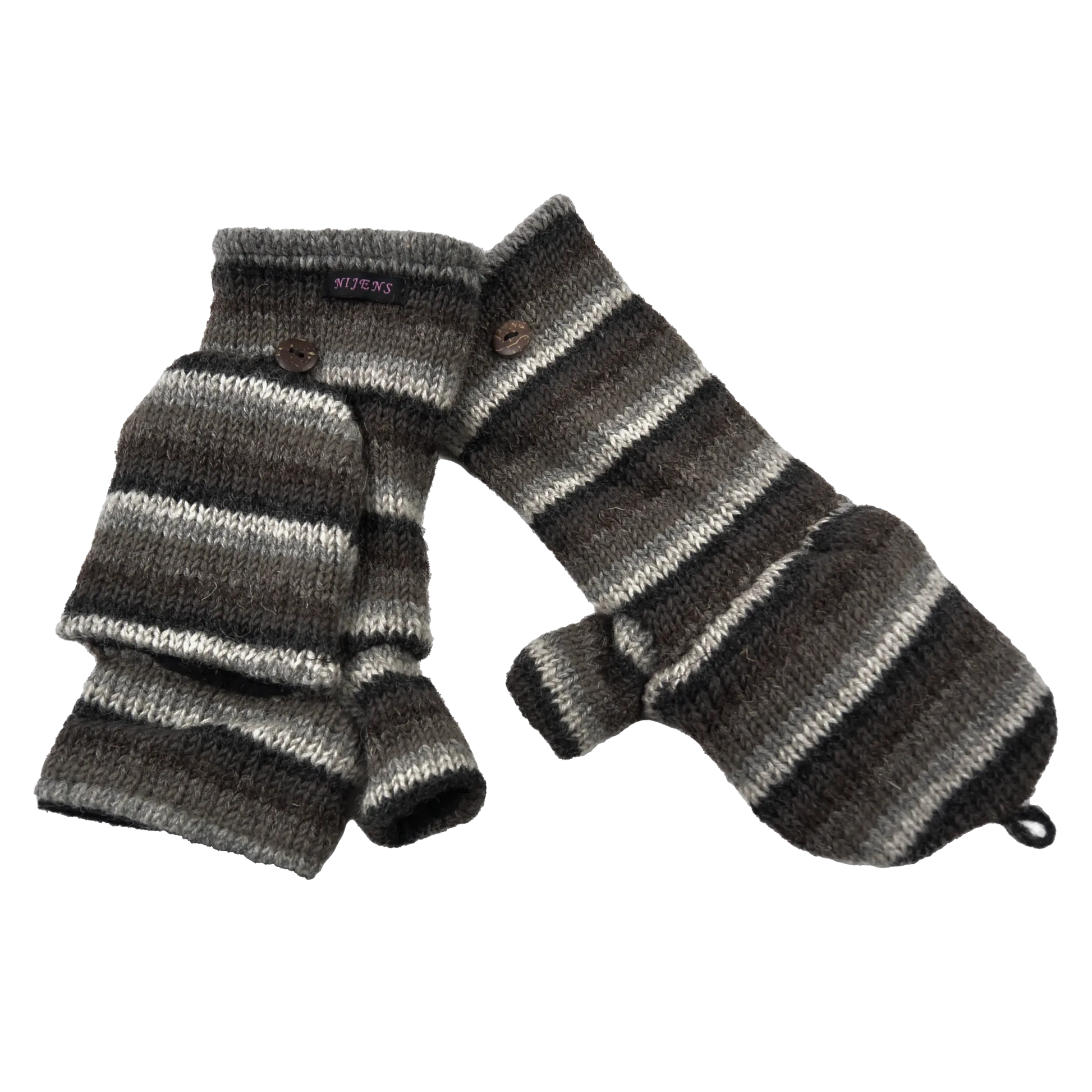 Fingerfreie Handschuhe aus Wolle gestreift in Braun, Grautöne mit Fingerkappe.
