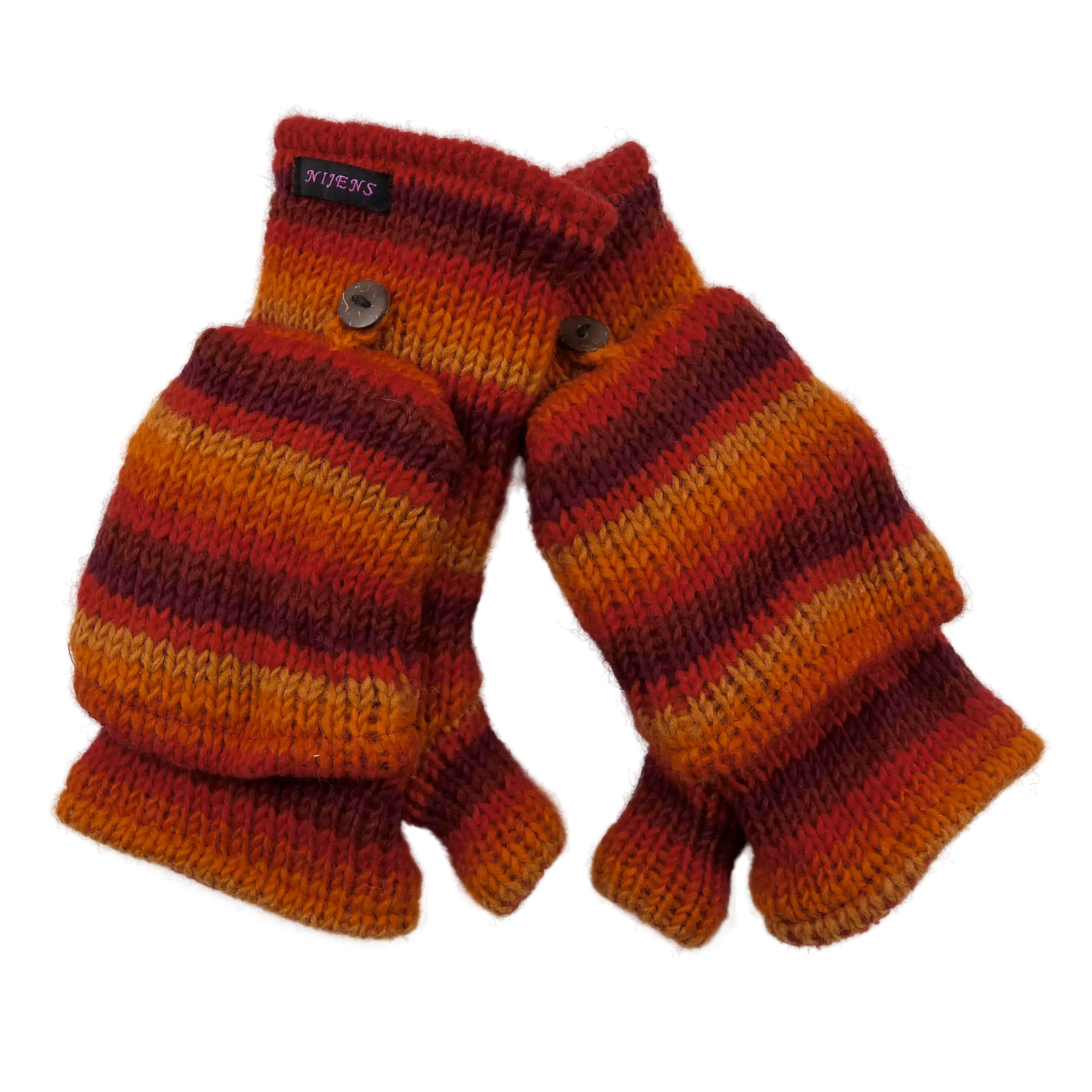 Fingerfreie Handschuhe aus Wolle gestreift in Rot, Orangetöne, welche sich mit einer Fingerkappe zu Fäustlingen umwandeln lassen.