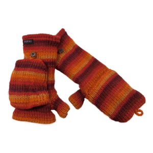 Fingerfreie Handschuhe aus Wolle gestreift in Rot, Orangetöne mit Fingerkappe.