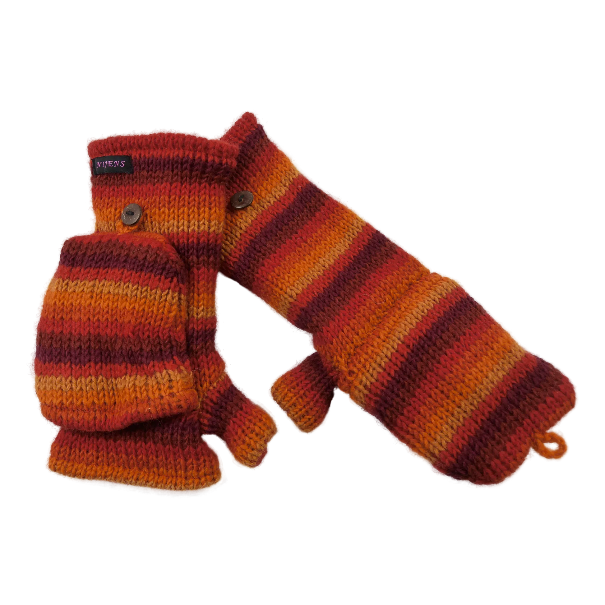 Fingerfreie Handschuhe aus Wolle gestreift in Rot, Orangetöne mit Fingerkappe.