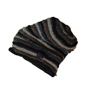 Rippenmütze "Saturen" Schurwolle Grau-Schwarz-Braun gestreift. Seitenansicht.