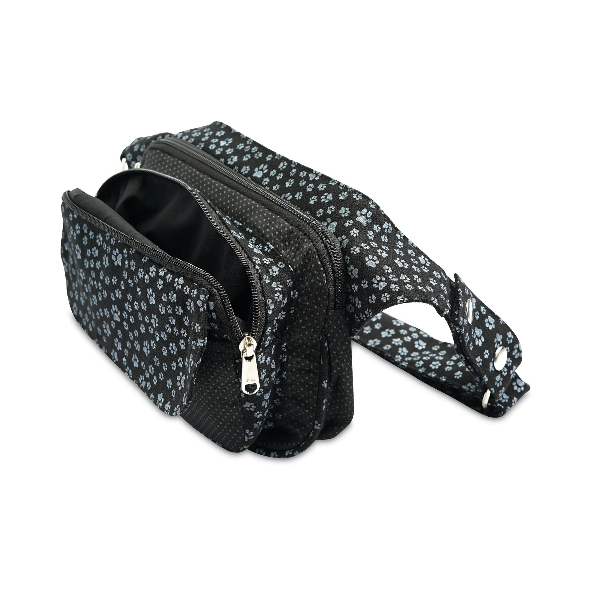 Seitenansicht: Gürteltasche Multifunktionale Gassi-Tasche S-XXXL für Hunde Wanderung (Pfoten-Design Black)