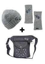 Set 3 in 1 Gassi-Tasche aus Canvas mit Pfoten-Mandalastickerei, Armstulpen und Wollmütze in Grau