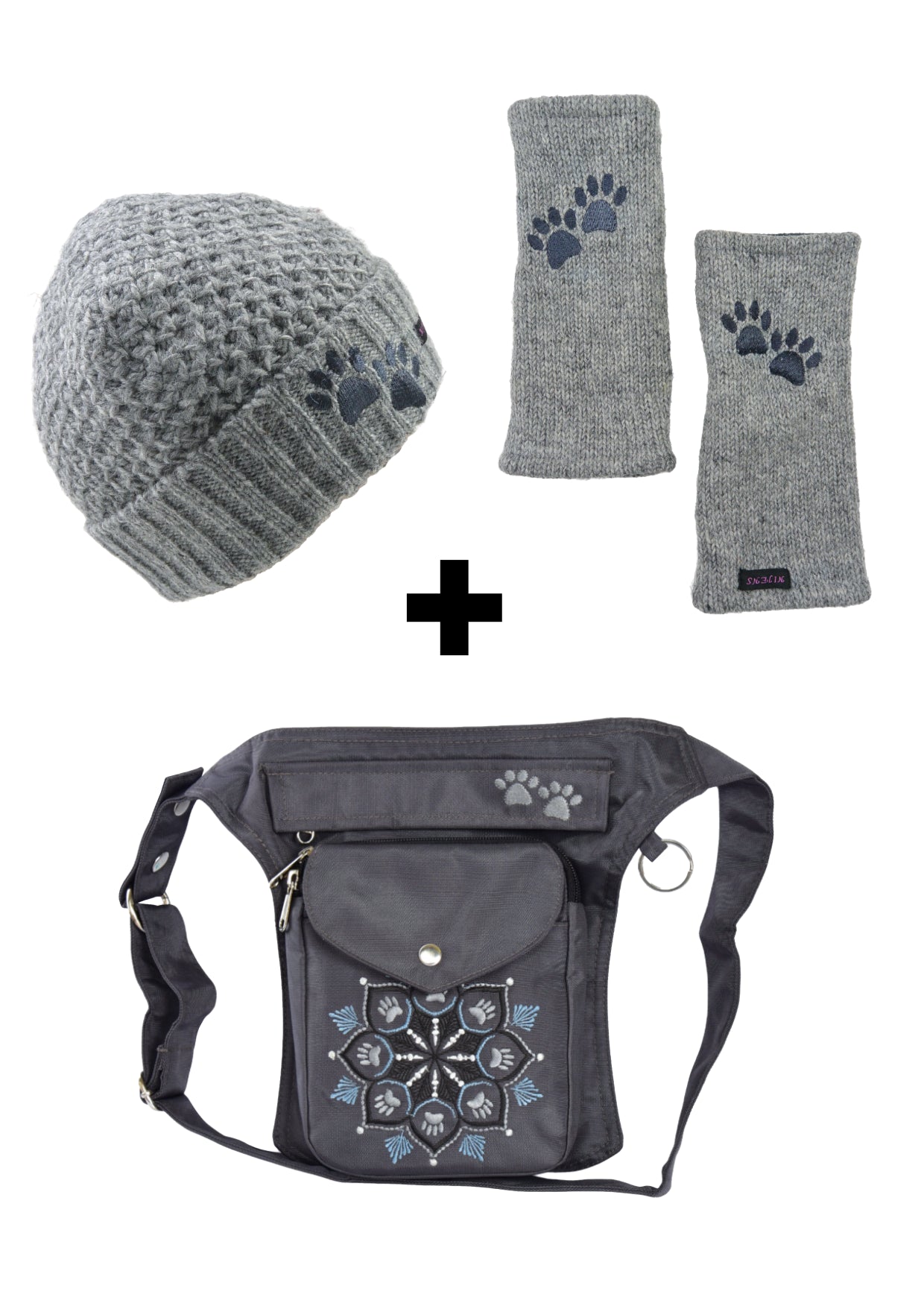 Set 3 in 1 Gassi-Tasche aus Canvas mit Pfoten-Mandalastickerei, Armstulpen und Wollmütze in Grau