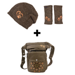 Set 3 in 1 Wasserabweisende Gassi-Tasche mit Pfoten-Mandalastickerei, Armstulpen und Wollmütze in Braun