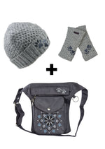 Set 3 in 1 Gassi-Tasche aus Nylon mit Pfoten-Mandalastickerei, Armstulpen und Wollmütze in Grau