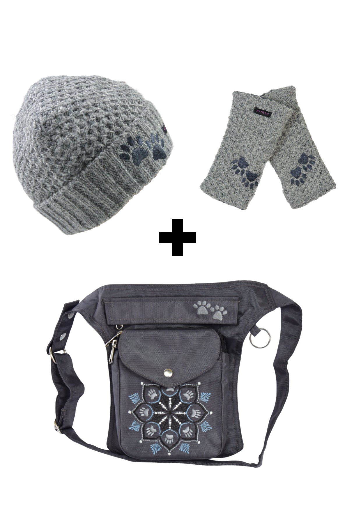 Set 3 in 1 Gassi-Tasche aus Nylon mit Pfoten-Mandalastickerei, Armstulpen und Wollmütze in Grau
