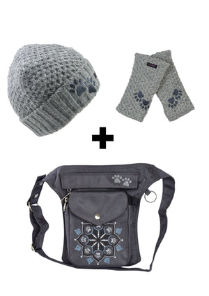 Set 3 in 1 Gassi-Tasche aus Nylon mit Pfoten-Mandalastickerei, Armstulpen und Wollmütze in Grau