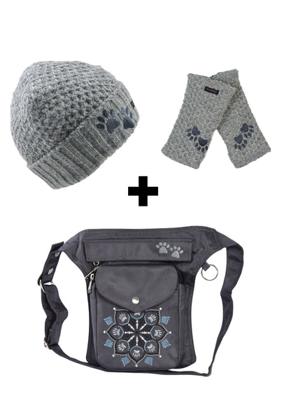 Set 3 in 1 Gassi-Tasche aus Nylon mit Pfoten-Mandalastickerei, Armstulpen und Wollmütze in Grau