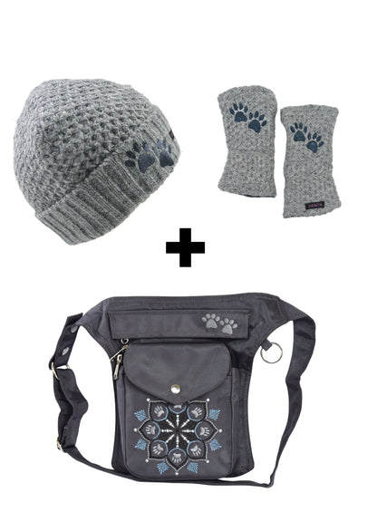 Set 3 in 1 Gassi-Tasche aus Nylon mit Pfoten-Mandalastickerei, Armstulpen und Wollmütze in Grau