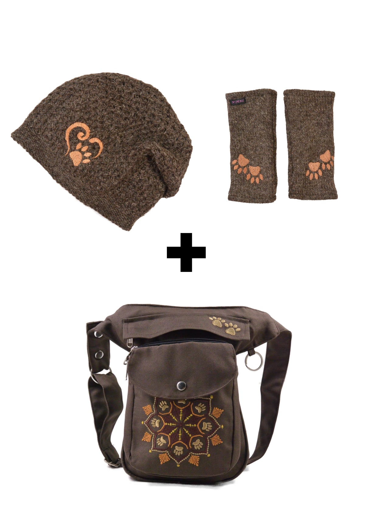 Set 3 in 1 Wasserabweisende Gassi-Tasche mit Pfoten-Mandalastickerei, Armstulpen und Wollmütze in Braun