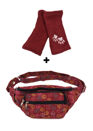 Set Angebot Crossbody-Gassi-Tasche aus Baumwoll-Canvas in Rot mit bunten, großen Pfoten-Prints inkl. rote Armstulpen aus Schurwolle, bestickt mit 2-Pfoten-Logo.
