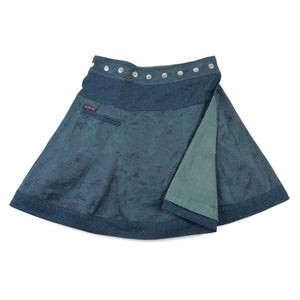 Wendbarer Damenrock aus Cord in Teal von Nijens mit Blumenmuster, kleiner Tasche und anpassbarem Bund.