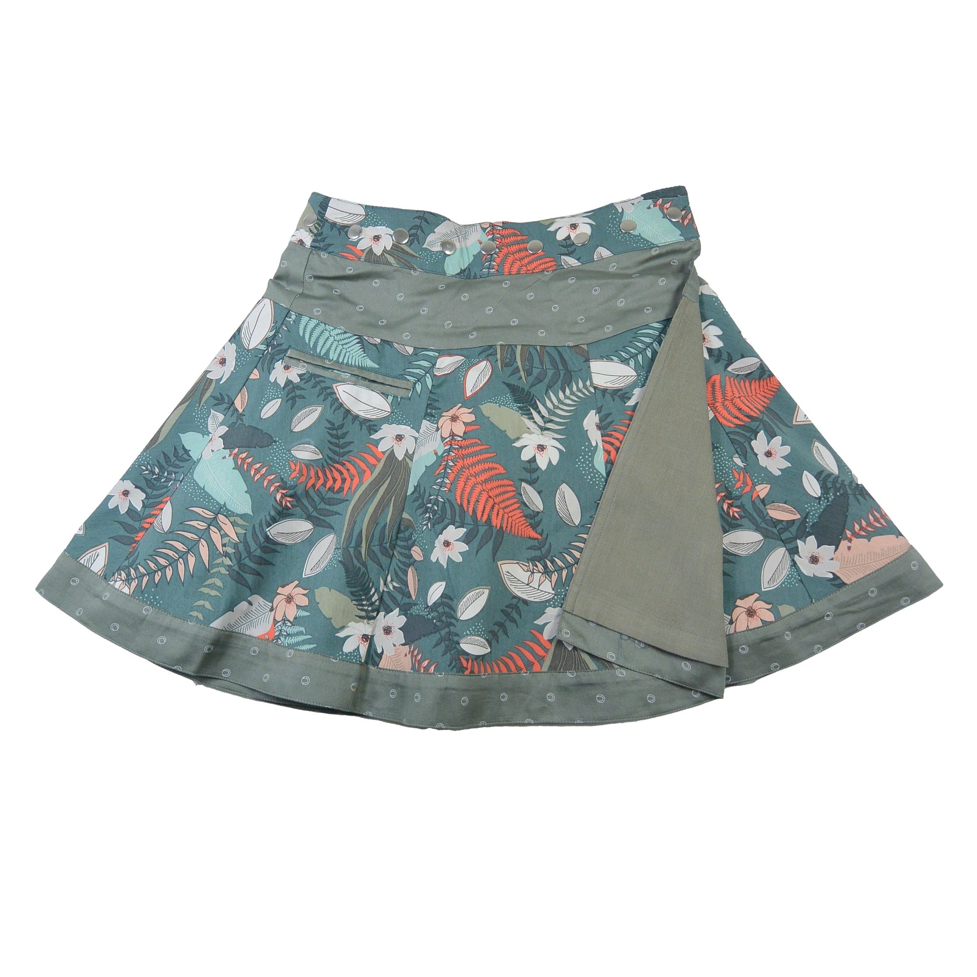 Wendbarer Damenrock aus Cord in Graugrün, Teal von Nijens mit Blumenmuster, kleiner Tasche und anpassbarem Bund.