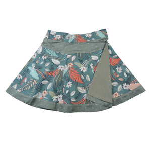 Wendbarer Damenrock aus Cord in Graugrün, Teal von Nijens mit Blumenmuster, kleiner Tasche und anpassbarem Bund.