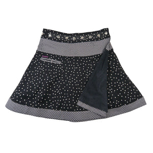 Wendbarer Damenrock aus Cord von Nijens mit weißem Muster und Dots, kleiner Tasche und anpassbarem Bund in Schwarz.