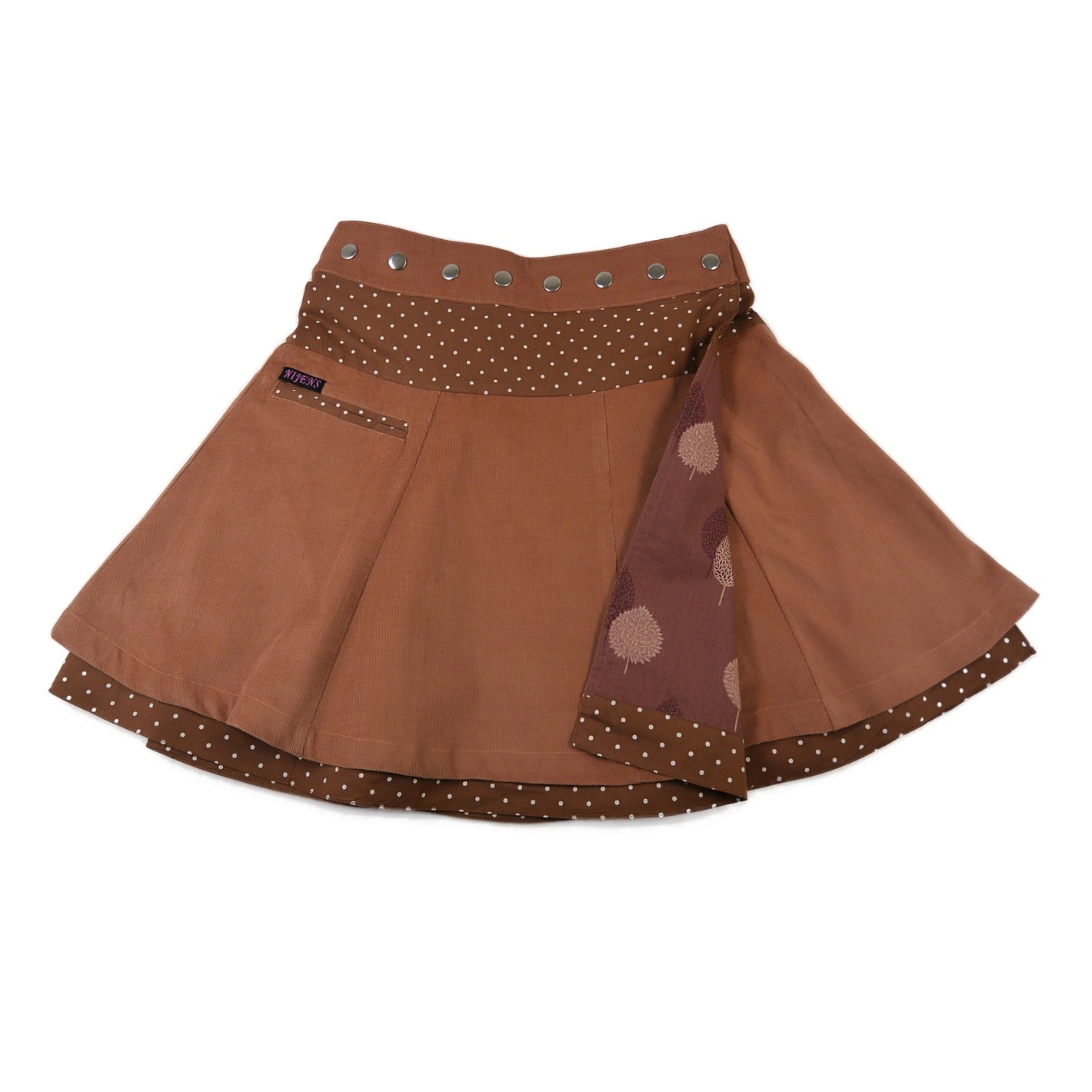 Beidseitig tragbarer Cordrock von Nijens – wendbar mit Dots und kleiner Tasche. Verstellbarer Bund, Ockerfarben.