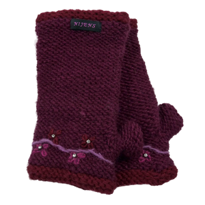 Pulswärmwe, Armstulpen Strick mit Daumen aus Wolle Lila bestickt mit Blume und Strasssteinchen. Innenfütter Fleece.