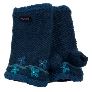 Pulswärmwe, Armstulpen Strick mit Daumen aus Wolle Marineblau bestickt mit Blume und Strasssteinchen. Innenfütter Fleece.