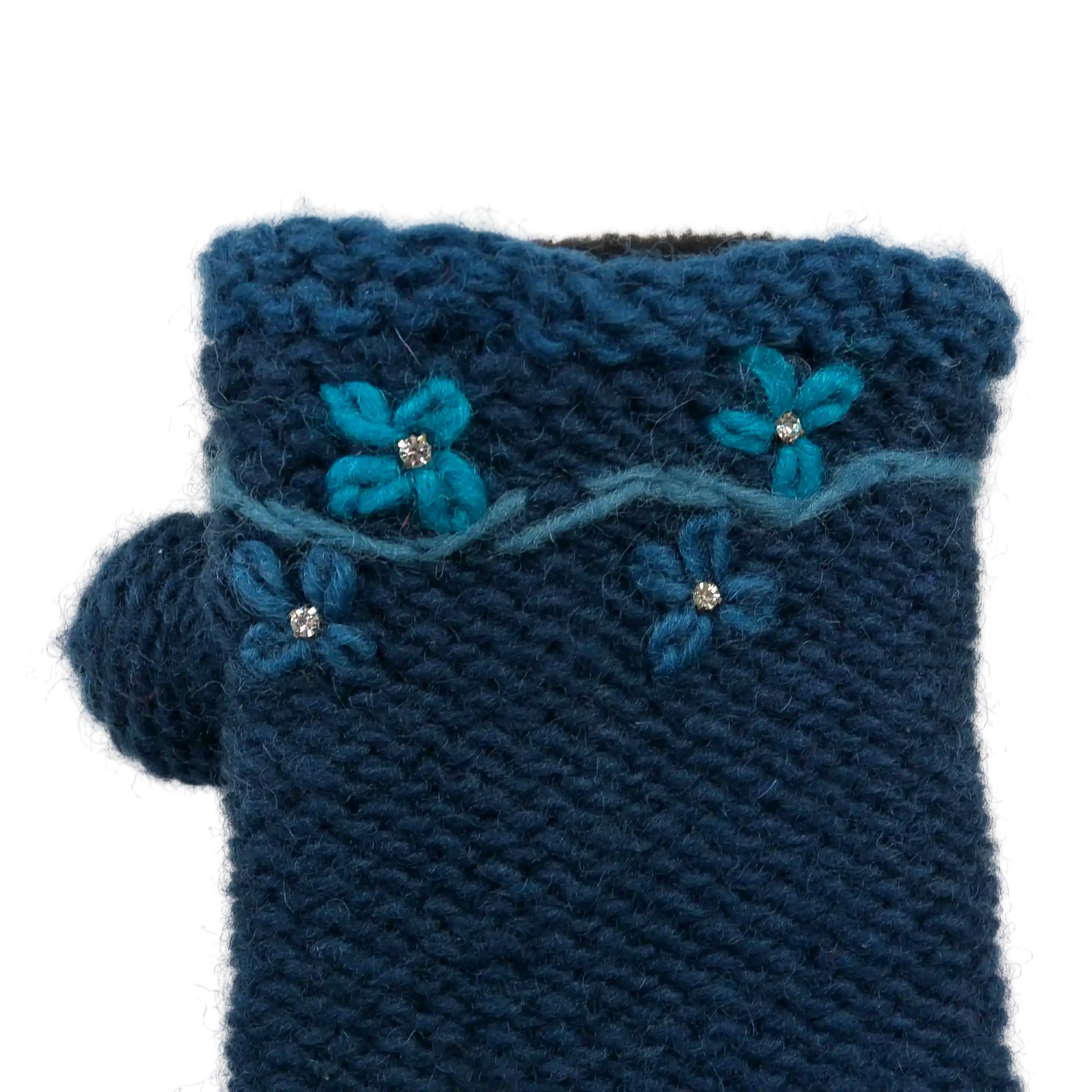 Pulswärmwe, Armstulpen Strick mit Daumen aus Wolle Marineblau bestickt mit Blume und Strasssteinchen.