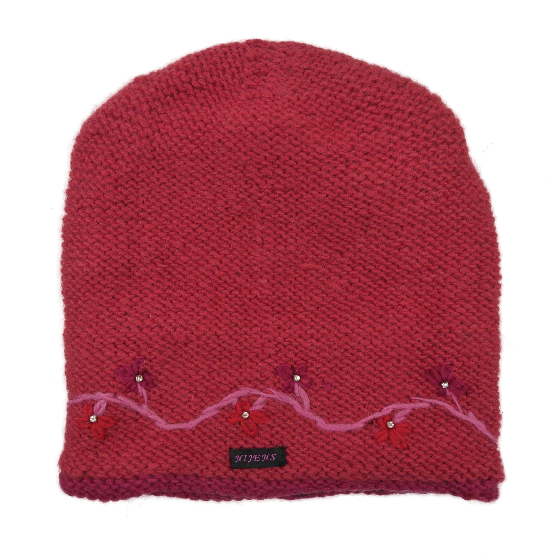 Long-Beanie-Mütze aus Schurwolle in Pink. Stickbäumchen mit Strassstein in der Mitte verzieren den Mützenbund.