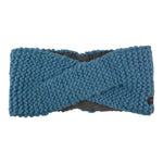 Hellblaues gestricktes Stirnband mit gedrehter Front, weichem Fleecefutter und kleinem Nijens-Label
