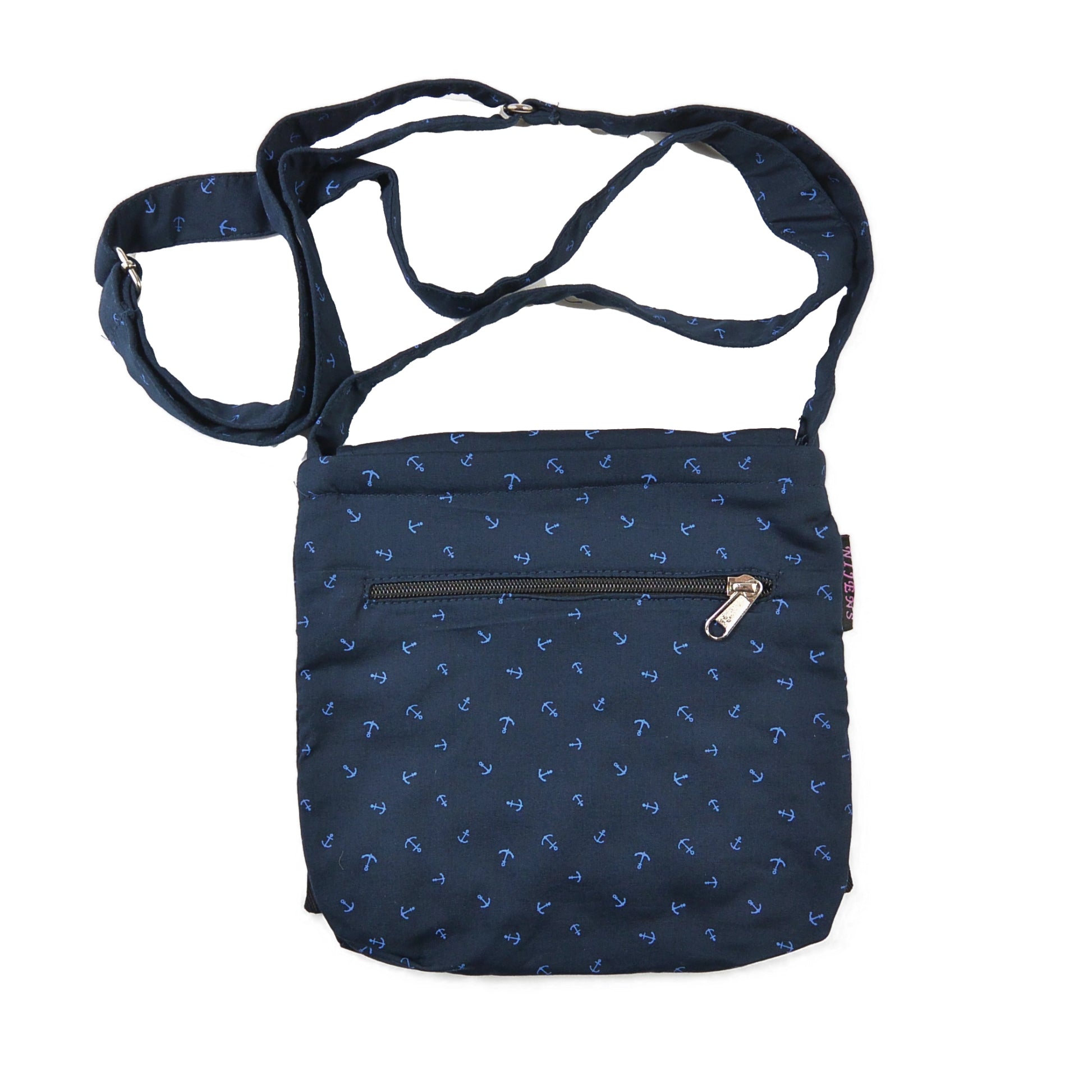 Kleine Umhängetasche aus dunkelblauer Baumwolle mit blauen Anker-Motiven – Stofftasche