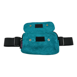 Bauchtasche türkis und Muster für den Sport mit dehnbarem Gurt und einem Einsteckfach vorne. Verschließbar mit Druckknopf.