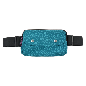 Bauchtasche für den Sport aus Baumwolle, türkis mit Pfotenmotiven und dehnbarem Gurt, zwei Reißverschlussfächern und einem Einsteckfach, verschließbar mit Druckknopf.
