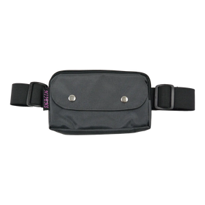 Bauchtasche für den Sport, wasserabweiden, grau und mit dehnbarem Gurt, zwei Reißverschlussfächern und einem Einsteckfach, verschließbar mit Druckknopf.