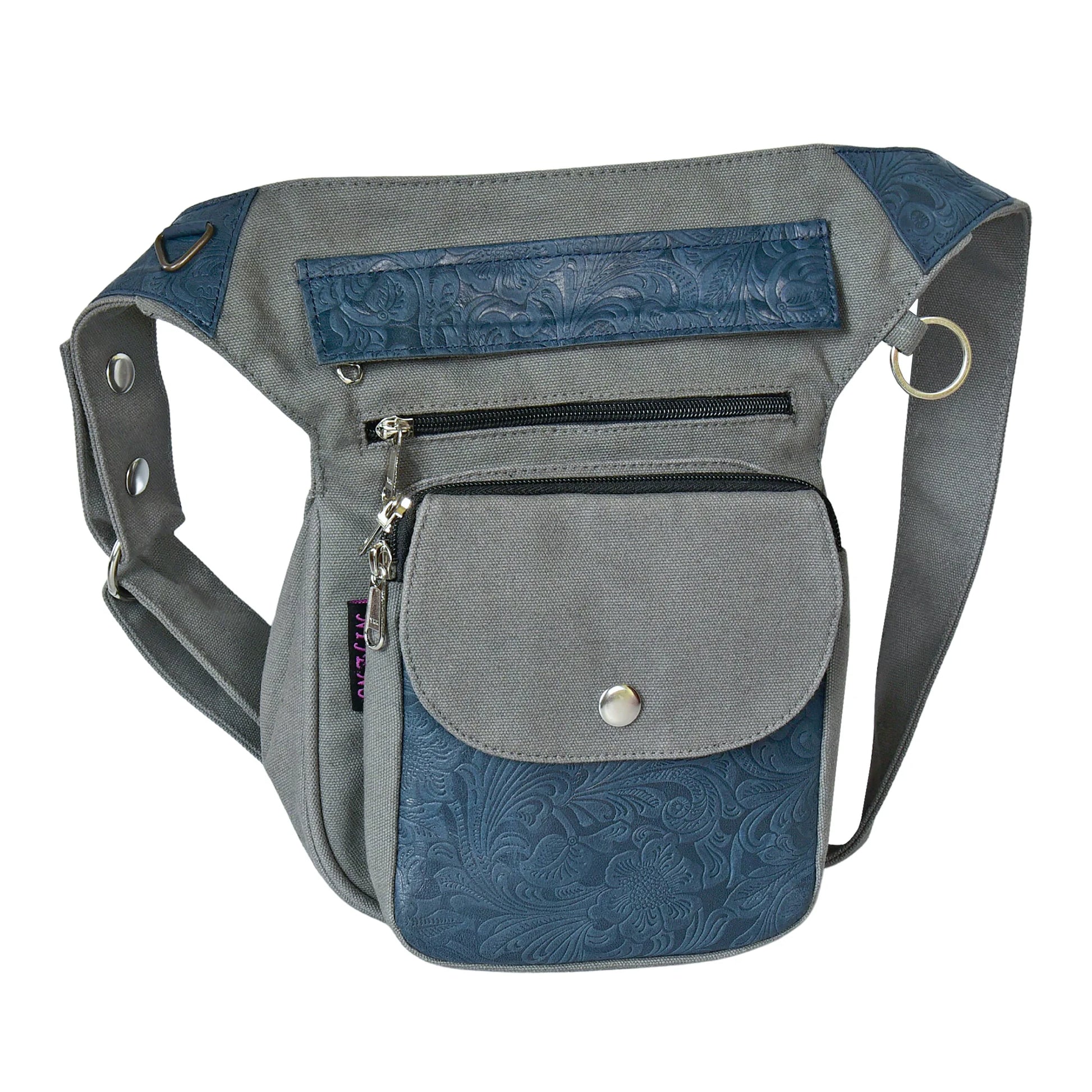 Gassitasche Super-Hannover aus Canvas und echtem Leder in Grau-Blau mit geprägtem Lederpatch, Frontansicht