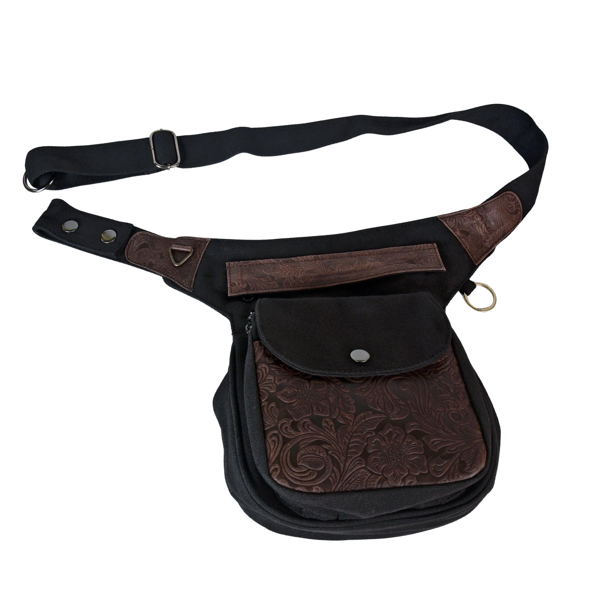 Gassitasche aus Canvas und echtem Leder in Braun-Schwarz mit geprägtem Lederpatch und Handyfach, Frontansicht