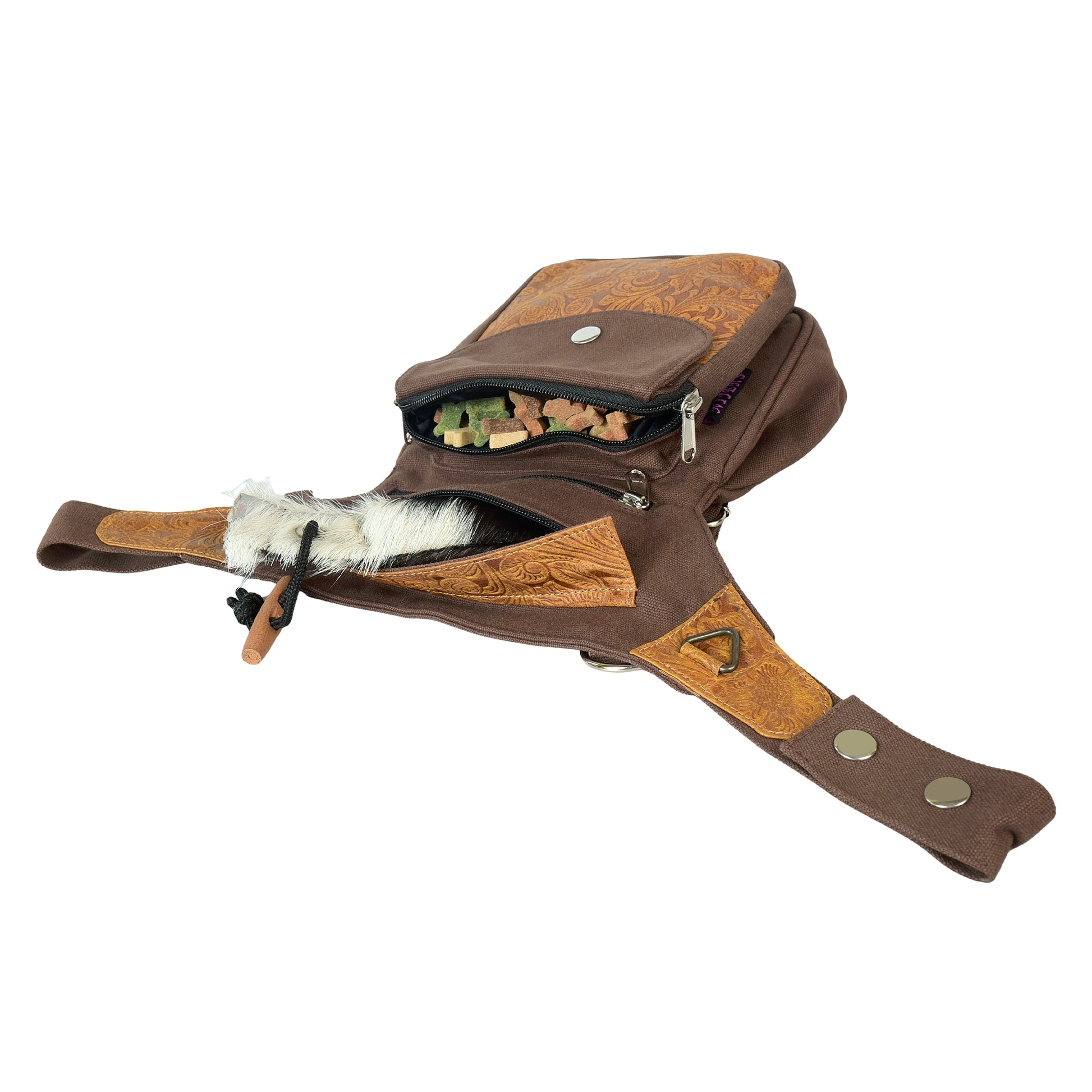 Offene Gassitasche Super-Hannover mit Leckerlis und Spielzeug, Lederdetails mit Blumenprägung