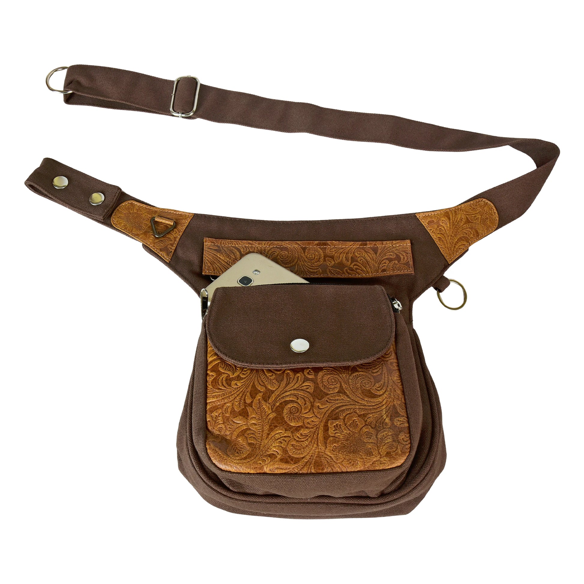 Gassitasche Super-Hannover in Braun mit Handy im Hauptfach, Lederklappe mit floraler Prägung