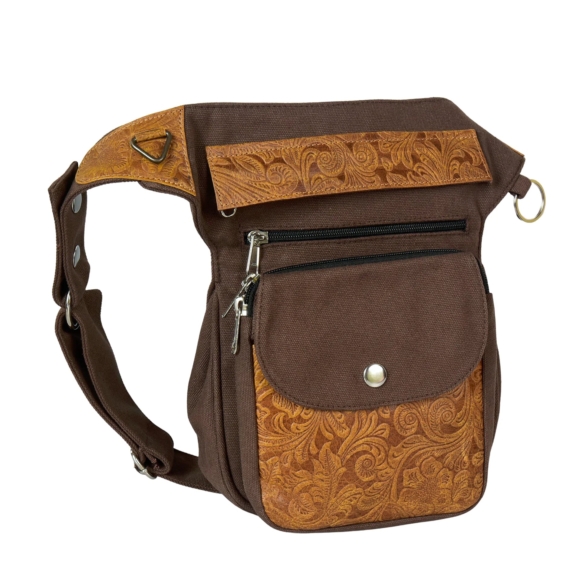 Gassitasche Super-Hannover in Braun aus Canvas und Echtleder mit floraler Prägung auf der Fronttasche