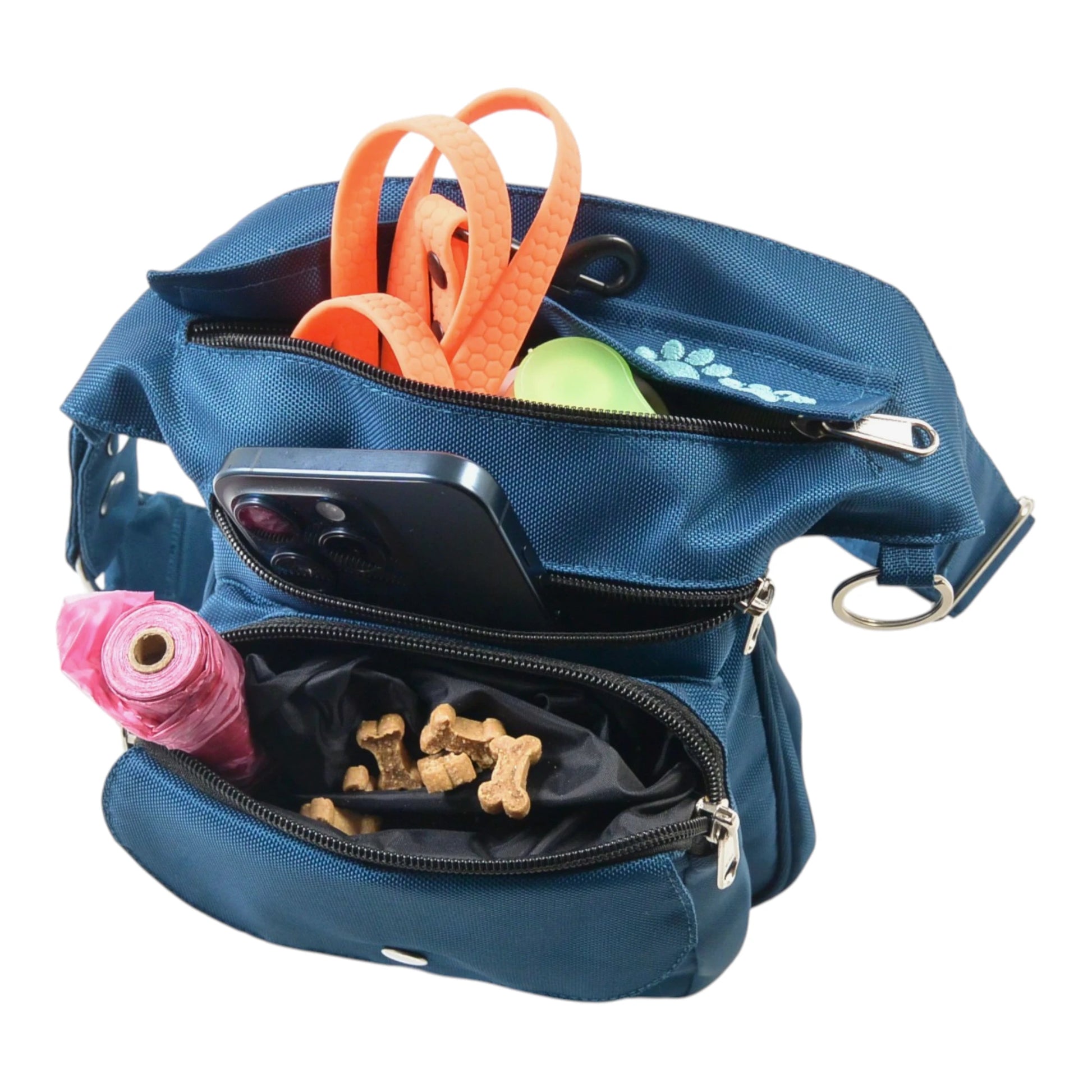 Gassitasche aus wasserabweisendem Nylonstoff Petrol-Türkis mit Blumenpfotenmandala-Stickerei. 3 Reißverschlussfächer und ein Einsteckfach vorne, welches mit einem Druckknopf an der Überlappung geschlossen wird. Handyfach.