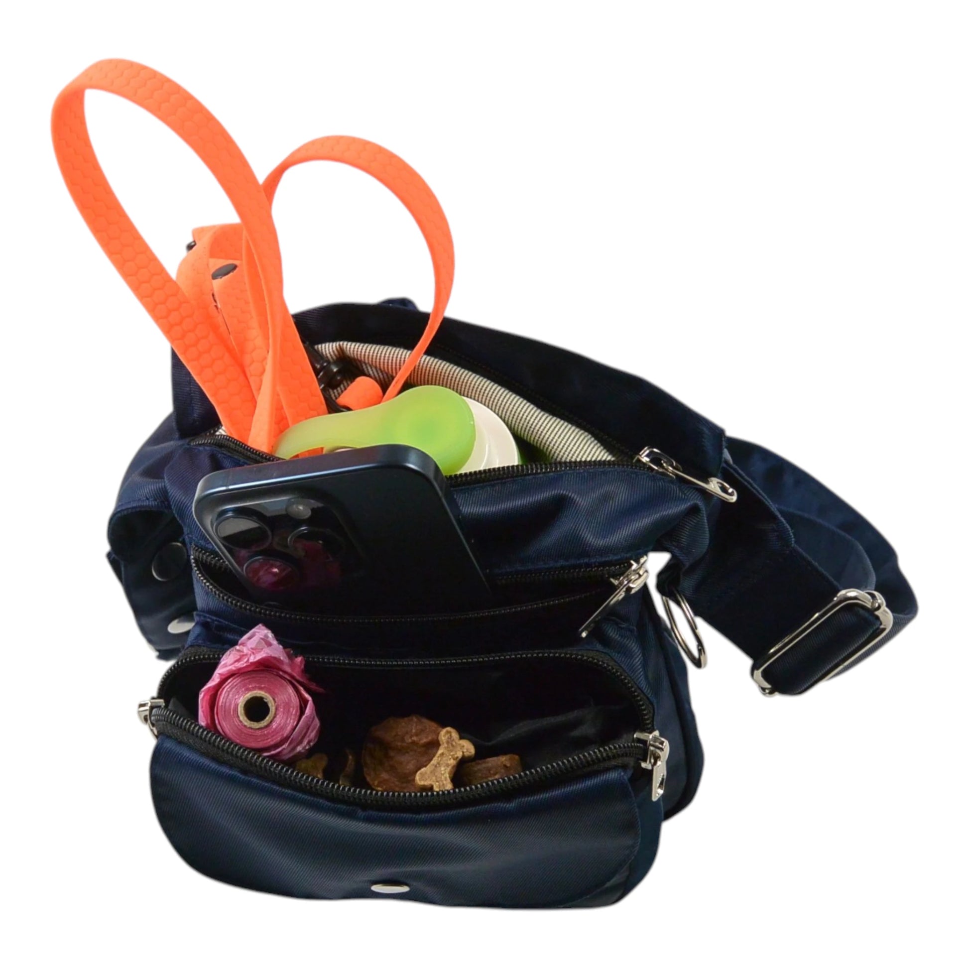 Bauchtasche und Gürteltasche aus wasserabweisendem Nylonstoff in Dunkelblau mit Pfoten-Mandalastickerei. Der Taschengurt ist größenverstellbar und das Einsteckfach vorne bietet Platz für das Handy, Wasserflasche, Leckerlis, Hundekobeutel.