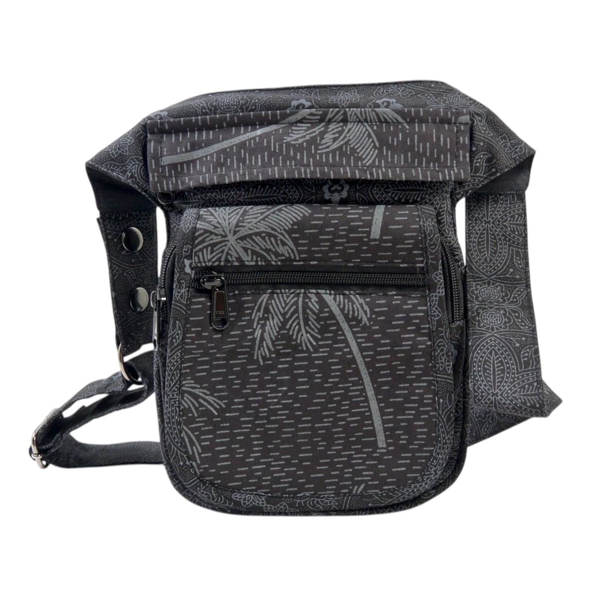Gürteltasche Schwarz mit Palmen Motiv. Sie verfügt über 4 Reißverschlussfächer. Der Gurt ist größenverstellbar.