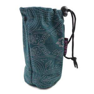 Flaschenbeutel aus Stoff, Teal für den Gürtel mit Ornamenten. Verschließbar mit Kordelzug.